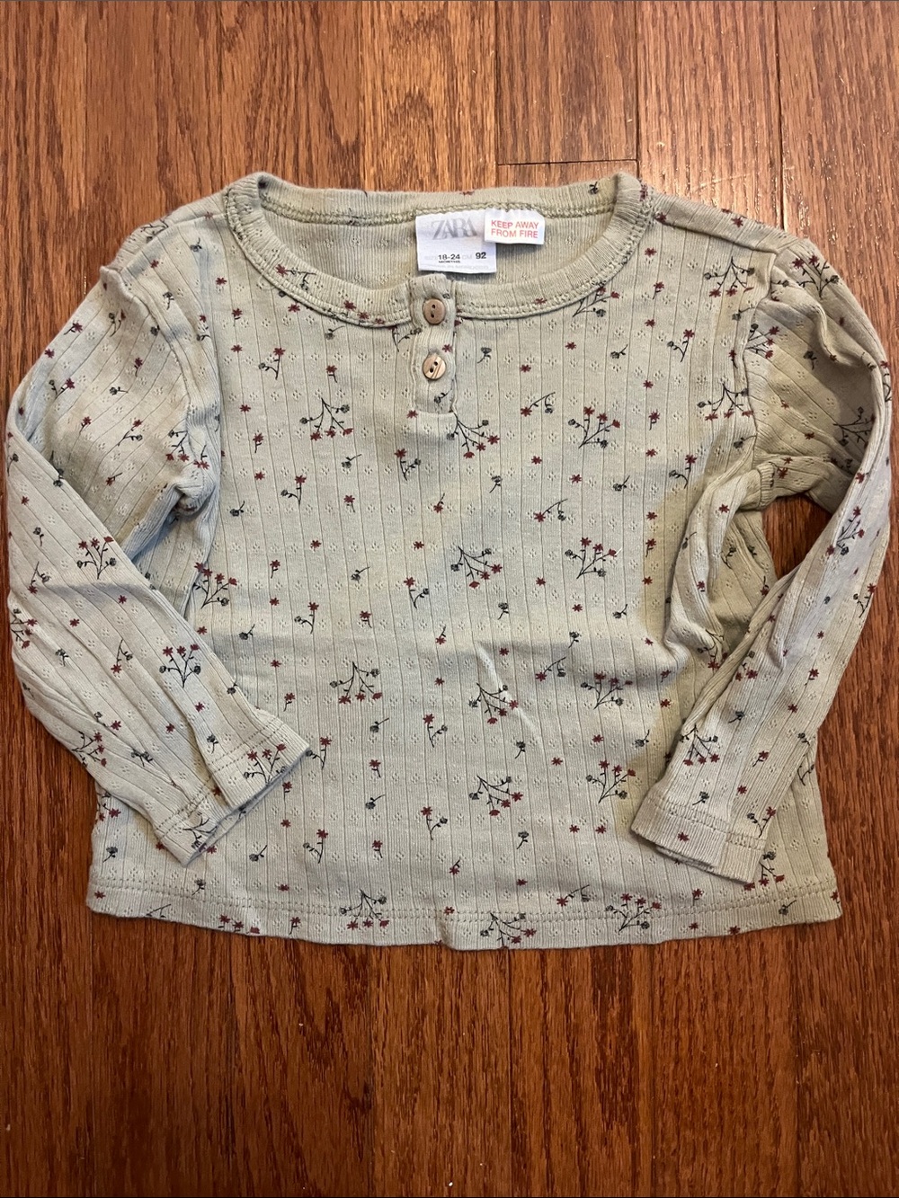 Zara Light Sage Green Floral Ribbed Long-Sleeve Tee